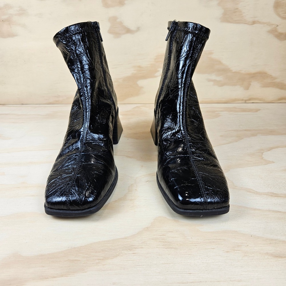 Katy Perry The Lolette Black Crinkle Patent Stretch Ankle Boot KP3241 Square Toe